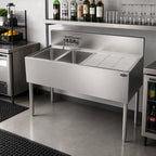 Thumbnail image #2 for Krowne Royal Series KR19-42L Two-Compartment Stainless Steel Underbar Sink, 48 x 19 Inch, Right 24-Inch Drainboard, Faucet