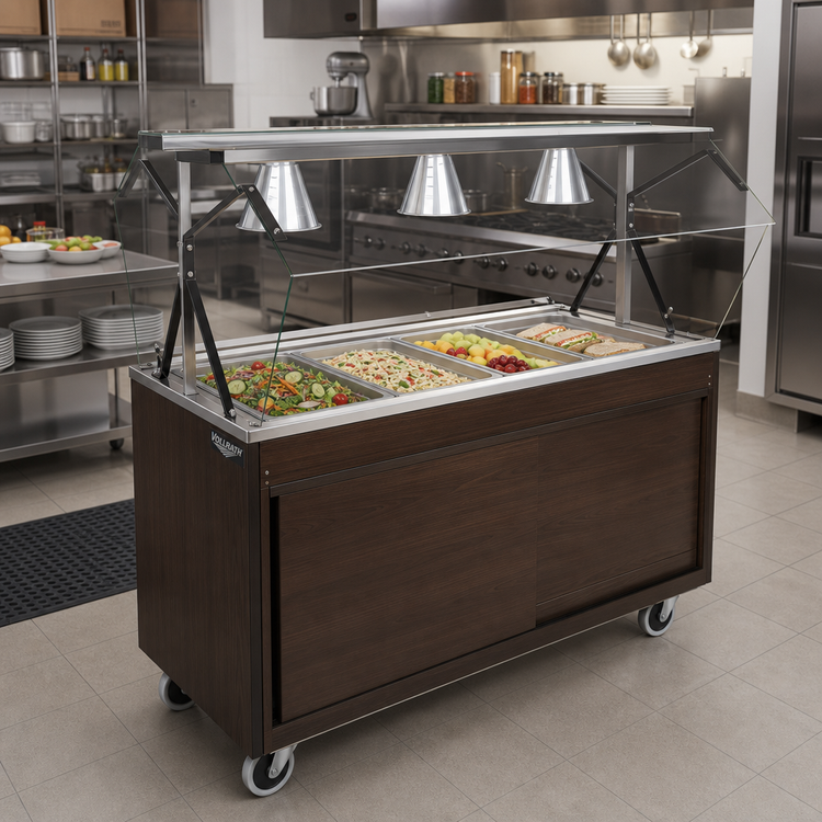 Product image #2 for Vollrath 2-Series Affordable Portable 4-Pan Mobile Non-Refrigerated Cold Food Station with Buffet Breath Guard and Sliding Door Storage Base, Walnut Woodgrain, 60 Inch Wide