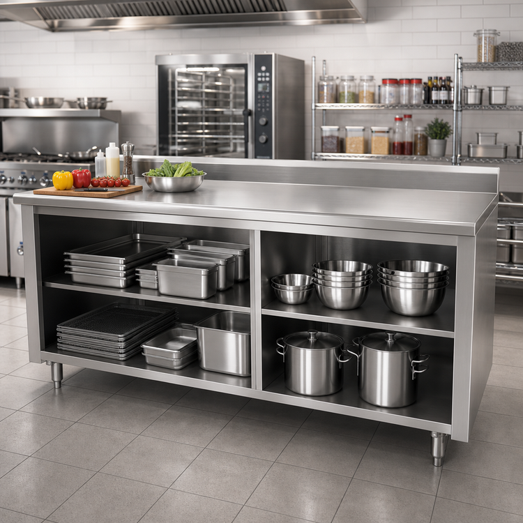 Product image #2 for Advance Tabco 108-Inch x 36-Inch Stainless Steel Work Table with Open Front Cabinet Base, Mid-Shelf, and 5-Inch Backsplash