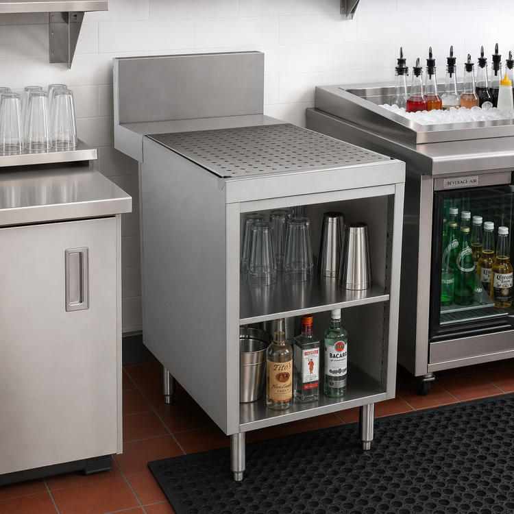 Product image #2 for Advance Tabco Prestige Supreme Underbar Drainboard Cabinet, 24-Inch, Open Front, 7-Inch Backsplash