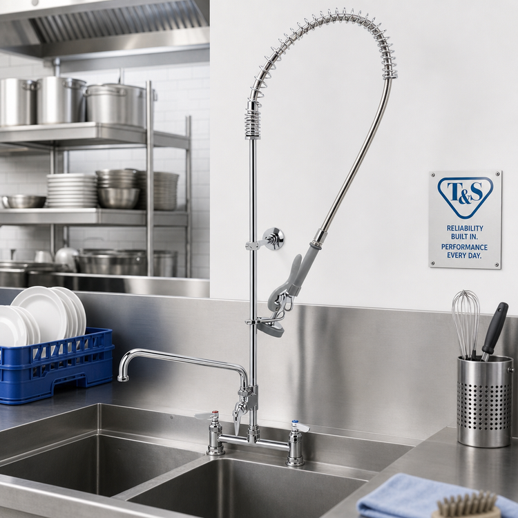 Product image #2 for T&S Brass EasyInstall Deck-Mount Pre-Rinse Unit with Add-On Faucet, 10-Inch Swing Nozzle, and 8-Inch Adjustable Centers