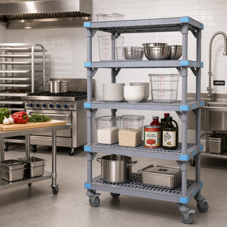 Product image #2 for Quantum Millenia Mobile Polymer Starter Shelving Unit with 4 Open Grid Shelves, 60W x 24D x 86H