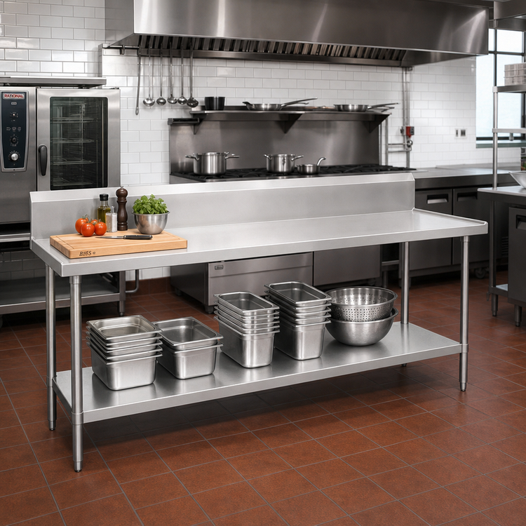 Product image #2 for Advance Tabco 72-Inch x 24-Inch 14-Gauge 304 Stainless Steel Work Table with 10-Inch Backsplash and Adjustable Undershelf
