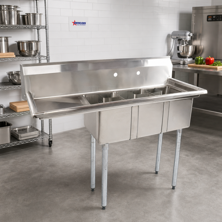 Product image #2 for Omcan USA Space Saver 3-Compartment Sink with 16-Inch Left Drainboard and Corner Drain