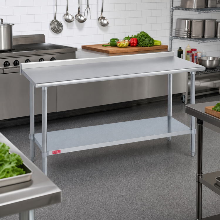 Product image #2 for Duke 72-Inch x 24-Inch 14-Gauge 300 Series Stainless Steel Work Table with 1-1/8-Inch Riser and Galvanized Undershelf
