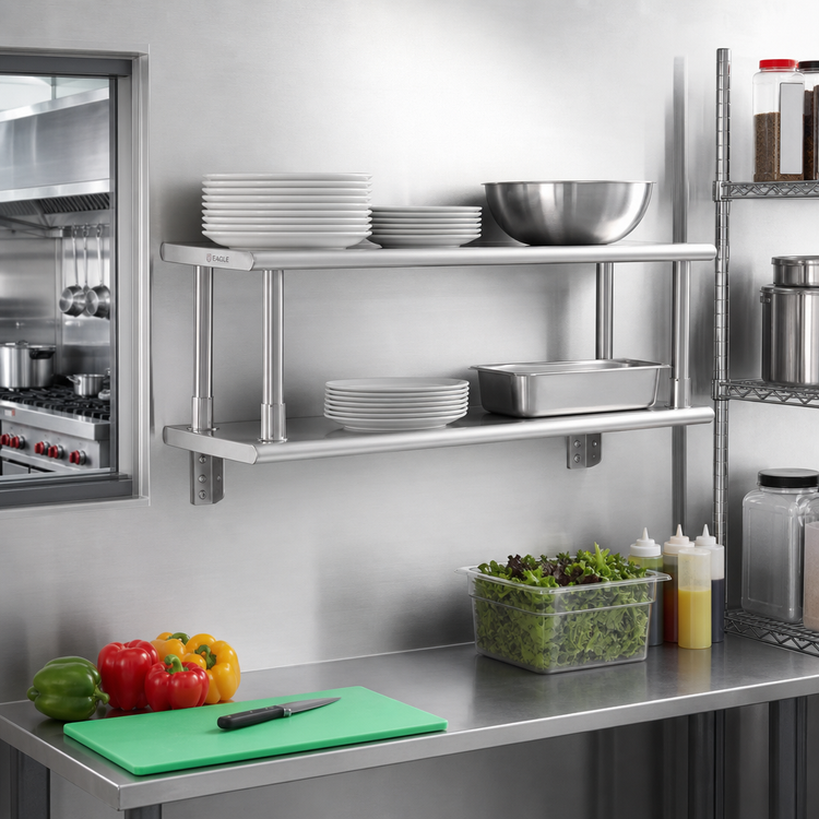 Product image #2 for Eagle PTS-2448-2 48-Inch x 24-Inch Pass-Thru Shelf with Overshelf, Wall-Mounted Stainless Steel