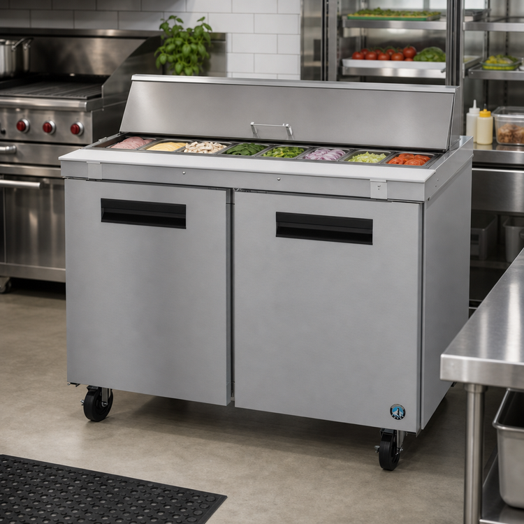 Product image #2 for Hoshizaki Steelheart SR48B-12 48-Inch Two-Section Sandwich Top Refrigerated Prep Table with 12-Pan Rail