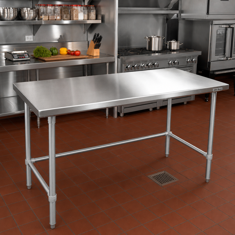 Product image #2 for John Boos Stallion 120-Inch x 24-Inch 16-Gauge 300 Series Stainless Steel Flat Top Work Table with Safety Edge and Galvanized Base