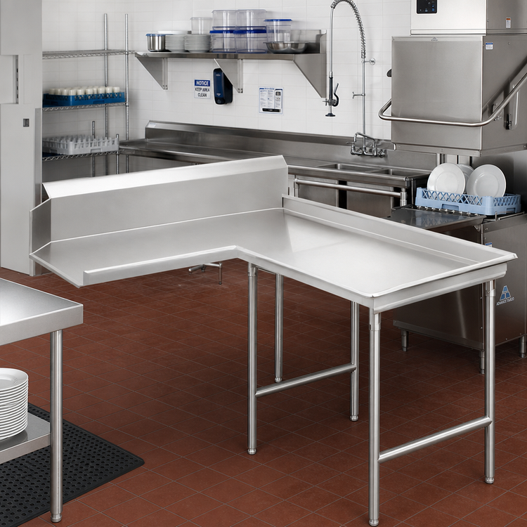Product image #2 for Advance Tabco Island-Style L-Shaped Clean Dishtable, Right-Side Dish Machine Attachment, 95-Inch Length, 16-Gauge 304 Stainless Steel Top