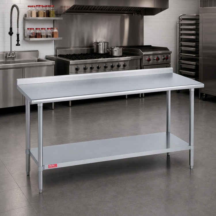 Product image #2 for Duke 84" x 36" 14-Gauge 300 Series Stainless Steel Work Table with 1-1/8" Straight Riser and Galvanized Undershelf