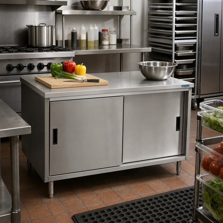 Product image #2 for BK Resources Dual Access Stainless Steel Chef Table with Cabinet Base, 48 x 24 Inches
