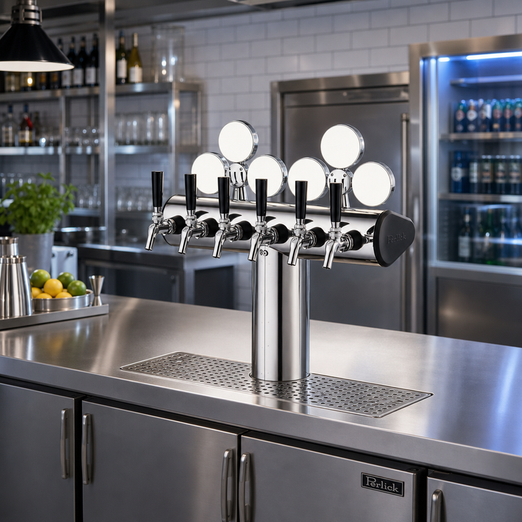 Product image #2 for Perlick 8-Faucet Illuminated Winged Bridge Countertop Glycol-Cooled Draft Tower, Stainless Steel
