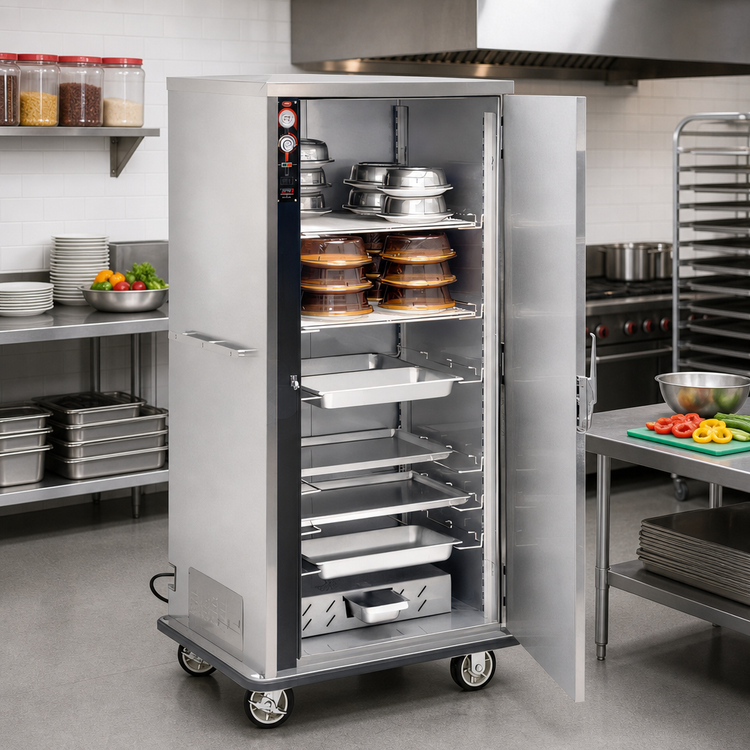 Product image #2 for FWE Mobile Full-Height Insulated Bulk Food-Banquet Holding Cabinet, 64-80 Covered Plate Capacity, Electric Humi-Temp Heat, Single Door
