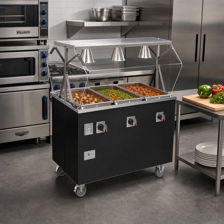Product image #2 for Vollrath 2-Series Affordable Portable 46-Inch 3-Well Electric Mobile Hot Food Station with Lit Buffet Breath Guard and Enclosed Storage Base