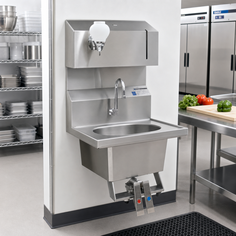 Product image #2 for Eagle Group HSA-10-FDPK Wall-Mounted Knee Pedal Hand Sink with Gooseneck Spout, Soap & Towel Dispensers, 304 Stainless Steel