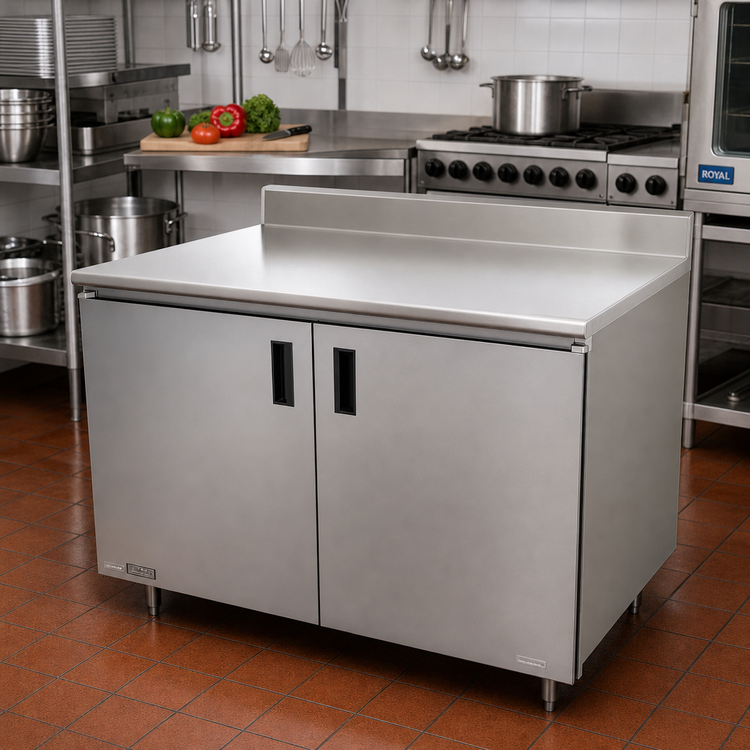 Product image #2 for Advance Tabco Special Value 60" x 30" Cabinet-Base Enclosed Work Table with 16-Gauge 304 Stainless Steel Top and 5" Backsplash