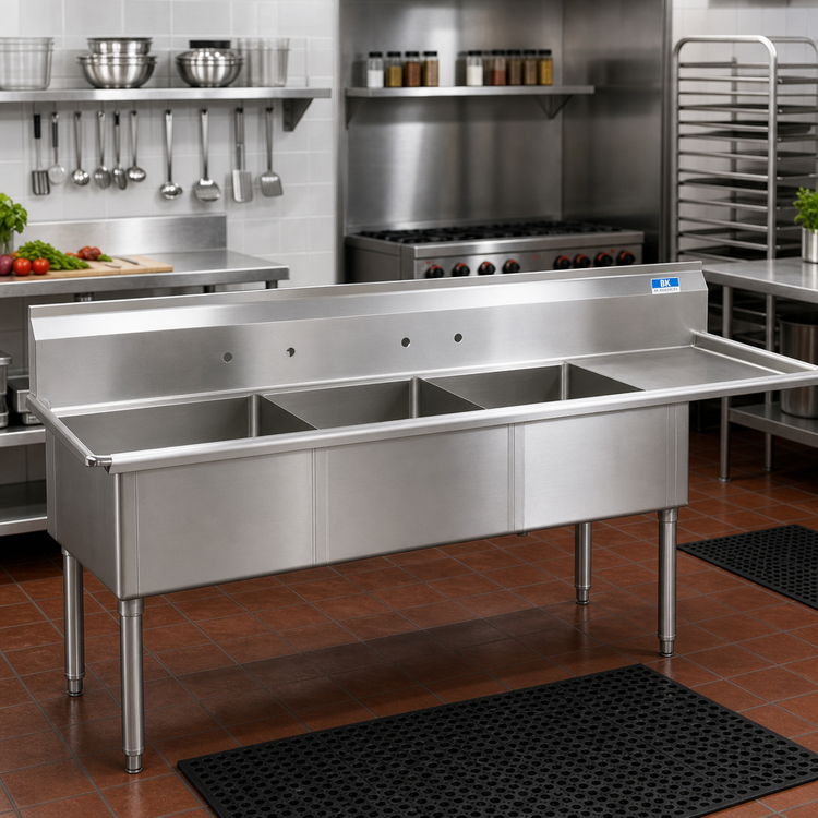 Product image #2 for BK Resources Three-Compartment Stainless Steel Sink with Right Drainboard, 24 x 24 x 14 Inch Bowls