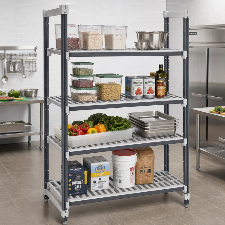 Product image #2 for Cambro Camshelving Elements XTRA 4-Tier Stationary Starter Shelving Unit, 18"D x 60"L x 84"H, Vented, Speckled Gray