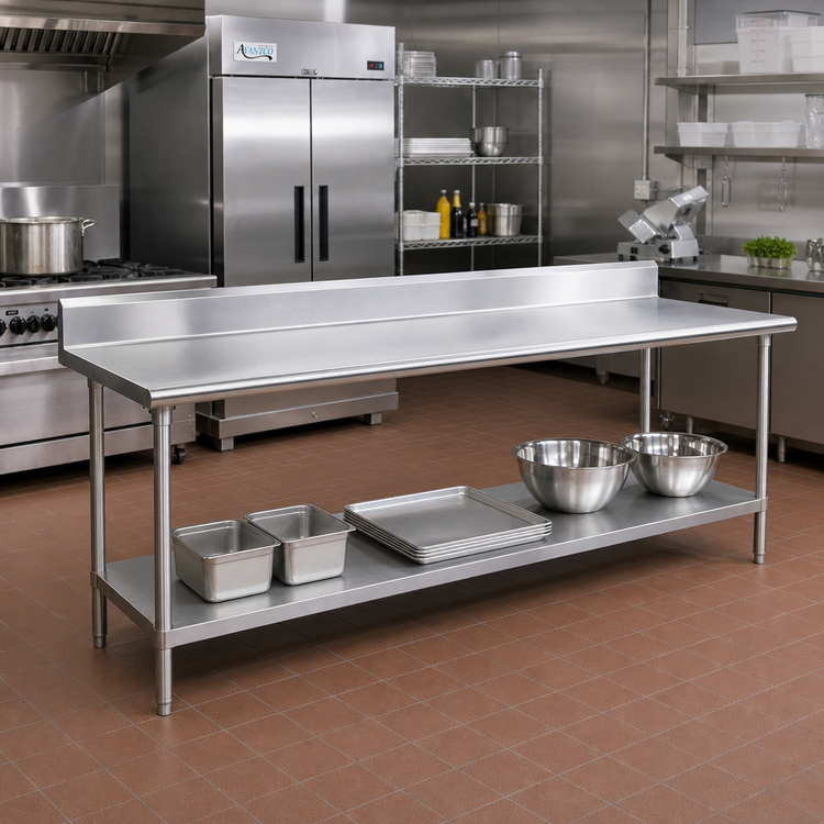 Product image #2 for Advance Tabco Premium Series 144" x 24" 304 Stainless Steel Work Table with 5" Backsplash and Adjustable Undershelf