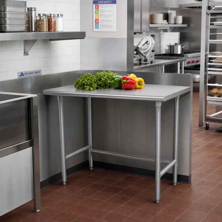 Product image #2 for Advance Tabco TMS-300 30 Inches x 30 Inches 16-Gauge 304 Stainless Steel Corner Work Table (Open Base)