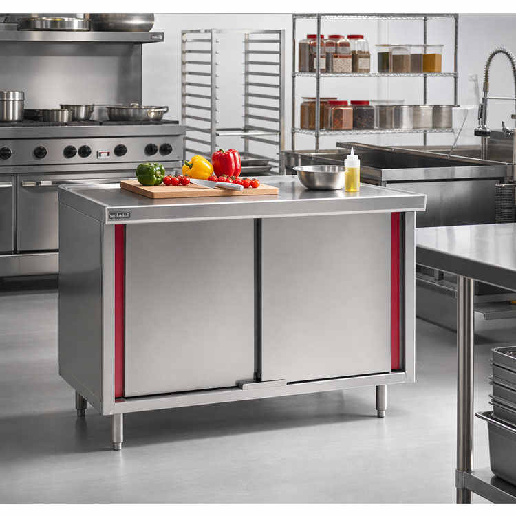 Product image #2 for Eagle Group Spec-Master Marine Counter Edge Stainless Steel Enclosed Work Table with Sliding Doors, 60" W x 24" D