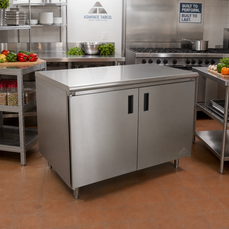 Product image #2 for Advance Tabco Special Value Series 60-Inch x 30-Inch Enclosed Work Table with Cabinet Base, Mid-Shelf, Hinged Doors, and 16-Gauge 304 Stainless Steel Top