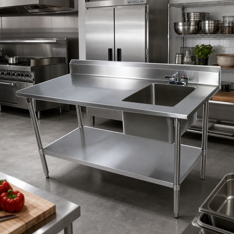 Product image #2 for John Boos 72-Inch Stainless Steel Work Table with Right-Side Prep Sink and 5-Inch Backsplash