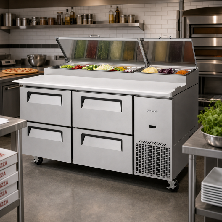 Product image #2 for Turbo Air Super Deluxe Two-Section Refrigerated Pizza Prep Table with 4 Drawers, 67-1/8 Inch Wide, 20 Cu. Ft.