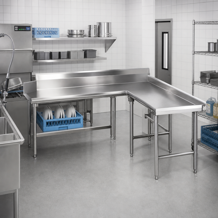 Product image #2 for Spec-Master Right-Hand Island Clean Dish Table, 72-Inch Machine-to-Corner x 60-Inch End, 14 Gauge 304 Stainless Steel