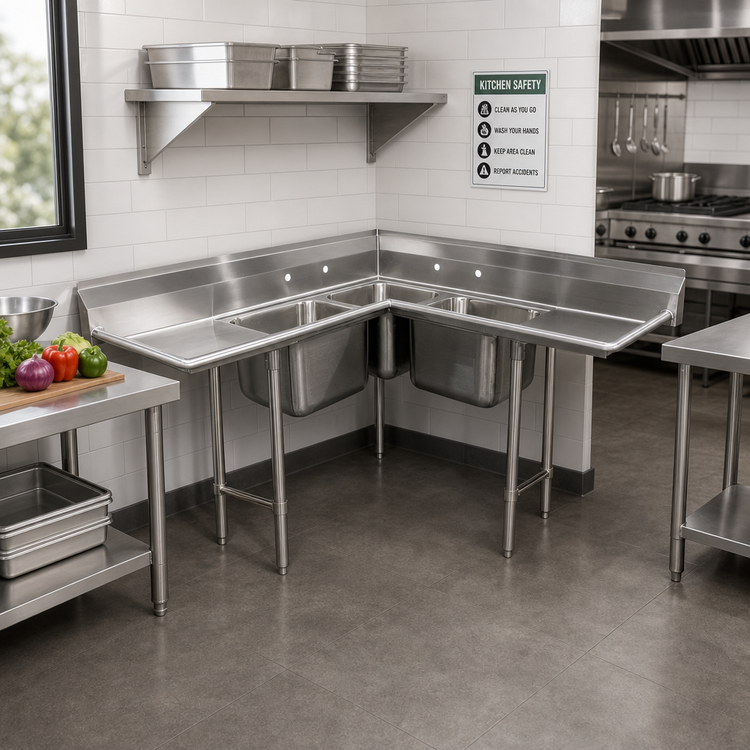 Product image #2 for Advance Tabco 3-Compartment Corner Sink with Dual Drainboards, 8-Inch Backsplash, 16 Gauge 304 Stainless Steel