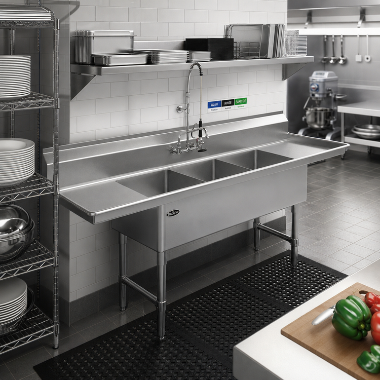 Product image #2 for Krowne Royal Series 90-Inch Wide 3-Compartment Commercial Sink with Left and Right Drainboards, 18" x 18" Bowls