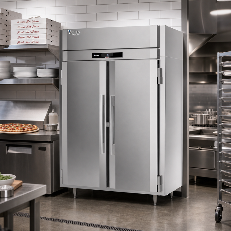 Product image #2 for Victory UltraSpec Two-Section Pass-Thru Heated Pizza Holding Cabinet with Solid Hinged Doors