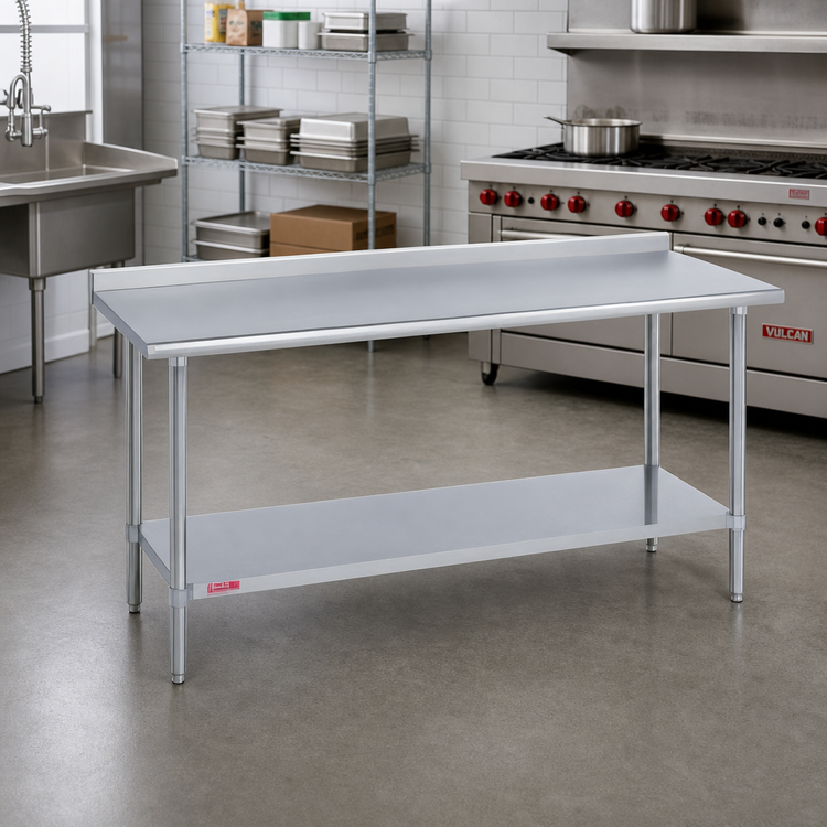 Product image #2 for Duke 84-Inch x 36-Inch 16-Gauge 300 Series Stainless Steel Work Table with 1-1/8-Inch Riser and Galvanized Undershelf