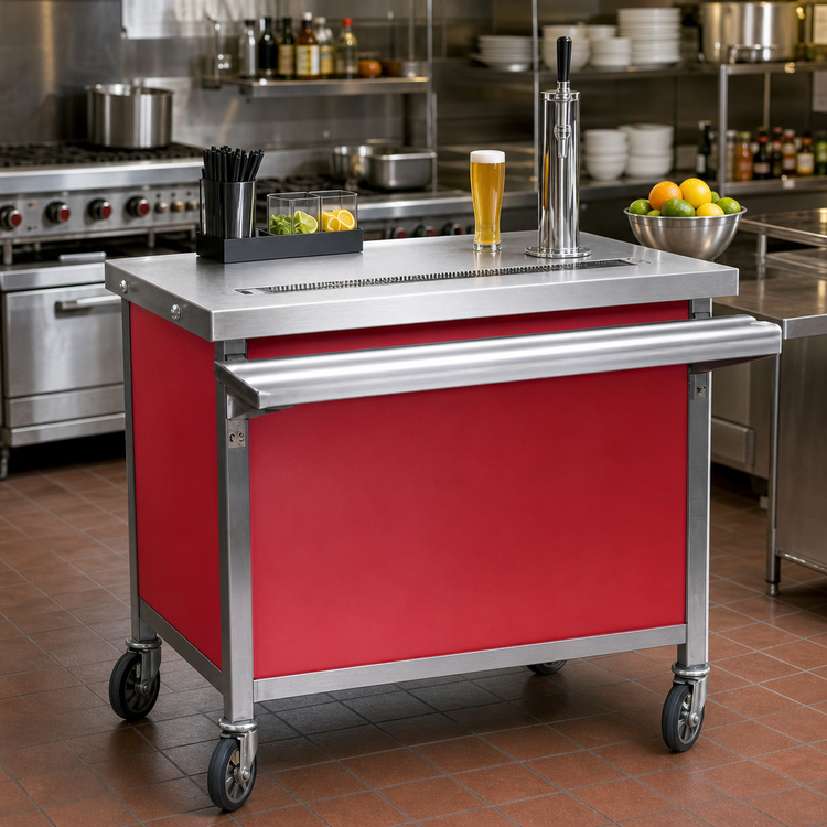 Product image #2 for Director's Choice Mobile 304 Stainless Steel Beverage Counter with Full-Length Drip Trough, 50 Inch x 30 Inch