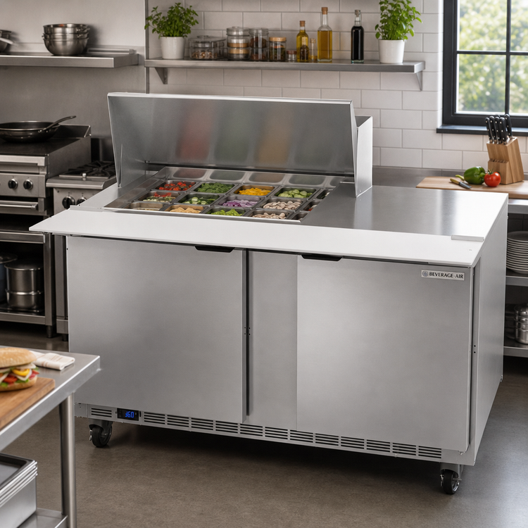 Product image #2 for Beverage-Air SPE60HC-12M 60-Inch Two-Section Mega Top Refrigerated Prep Table, 12-Pan Rail, 2 Doors