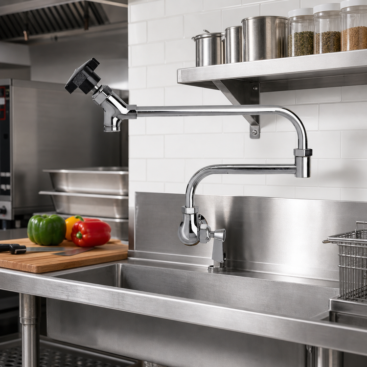Product image #2 for Fisher Backsplash-Mount Single-Hole Pre-Rinse Faucet with 12-Inch Control Swing Spout and 12-Inch Double-Jointed Assembly