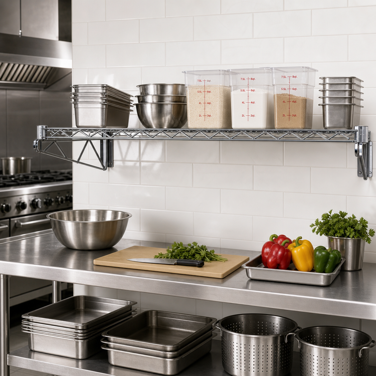 Product image #2 for Quantum 72 Inch x 18 Inch Wall-Mount Cantilever Wire Shelf, Gray Epoxy Antimicrobial Finish