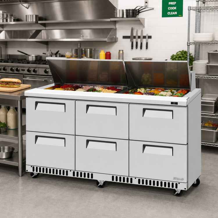 Product image #2 for Turbo Air Super Deluxe 72-5/8-Inch Front-Breathing Three-Section Sandwich/Salad Prep Table with 6 Drawers