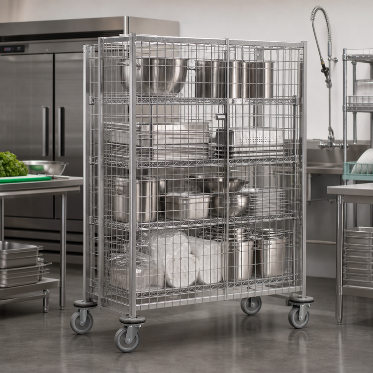 Product image #2 for Metro Super Erecta Heavy-Duty Mobile Wire Security Cage, Stainless Steel Finish, 63-1/2"W x 28-1/16"D x 62"H