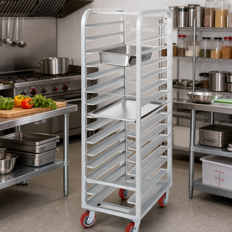 Product image #2 for Lifetime Tough Universal Extra Heavy-Duty Aluminum Steam Table Pan Rack with Casters, 10-Pan Capacity, 21 x 26 x 70 Inches
