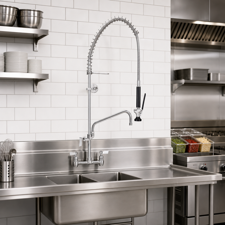 Product image #2 for 8-Inch Center Backsplash-Mount Spring Pre-Rinse Unit with Add-On Faucet and 14-Inch Swing Spout