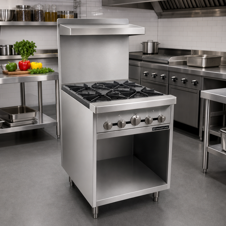 Product image #2 for Comstock-Castle 30-Inch Commercial Gas Range with 4 Open Burners, Cabinet Base, Back Riser and High Shelf