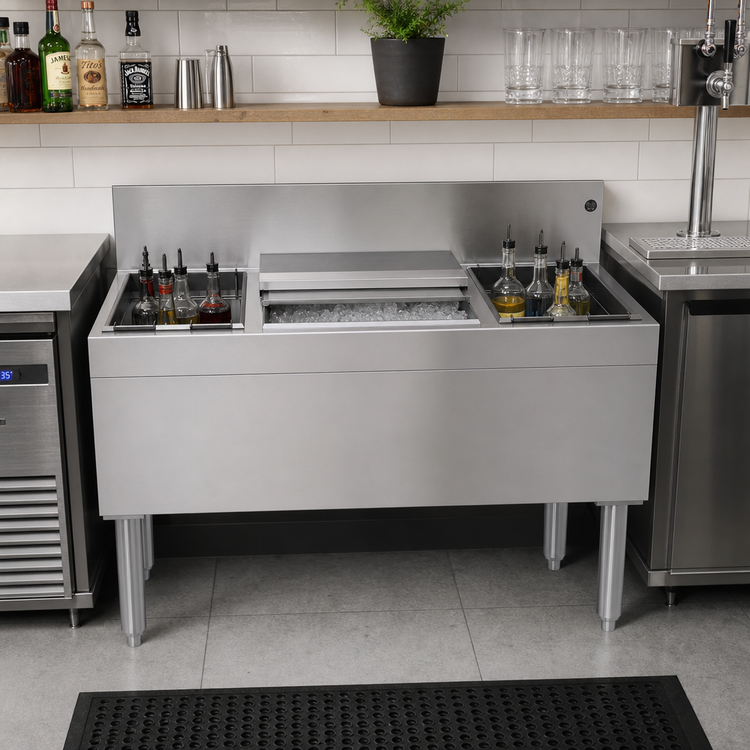 Product image #2 for Glastender CBA-42 Stainless Steel Underbar Combo Ice Bin and Cocktail Unit with Dual Bottle Wells, 42 Inch, 50 lb. Ice Capacity