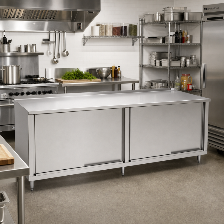 Product image #2 for John Boos Enclosed Work Table Cabinet Base with Sliding Doors, 96 Inch x 30 Inch, 14-Gauge Stainless Steel Top, 1-1/2 Inch Rear Riser