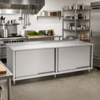 Thumbnail image #2 for John Boos 4CS4R1.5-3096 Enclosed Stainless Steel Work Table with Sliding Doors, 96"W x 30"D, 14-Gauge Type 300 Top, 1-1/2" Rear Riser