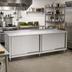 Thumbnail image #2 for John Boos Enclosed Work Table Cabinet Base with Sliding Doors, 96 Inch x 30 Inch, 14-Gauge Stainless Steel Top, 1-1/2 Inch Rear Riser