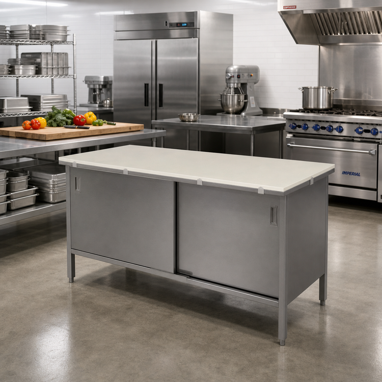Product image #2 for John Boos Enclosed Base Poly Top Work Table with Sliding Doors, Stainless Steel Base, 48 x 30 Inches