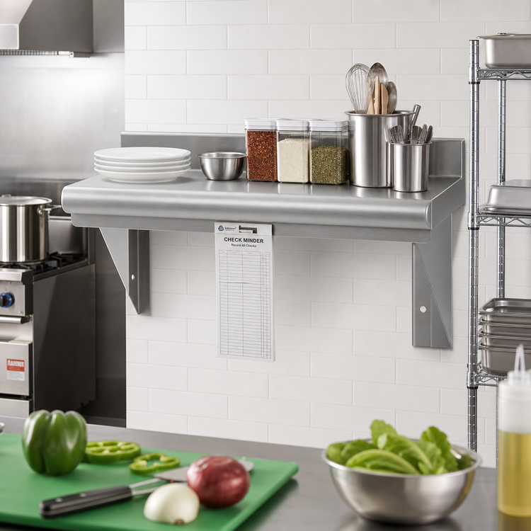 Product image #2 for Advance Tabco 48-Inch Wall-Mounted 12-Inch Deep Stainless Steel Shelf with Check Minder