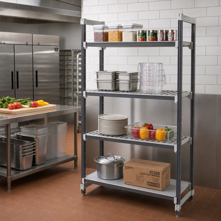 Product image #2 for Cambro Camshelving Elements XTRA 18" x 54" x 72" Stationary Starter Unit, 4-Tier Vented and Solid Polymer Shelving, Speckled Gray
