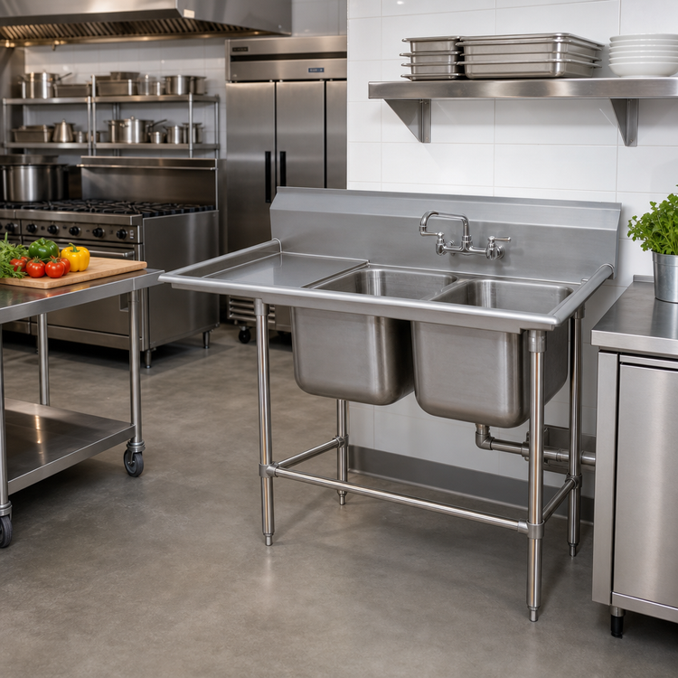 Product image #2 for Advance Tabco Regaline 2-Compartment Stainless Steel Sink with Left-Hand Drainboard, 20" x 28" Bowls, 36" Drainboard
